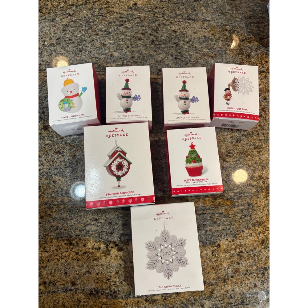 Hallmark Keepsake Ornament Lot 7pc 2015-2019 Snowman Snowflake Birdhouse Cupcake